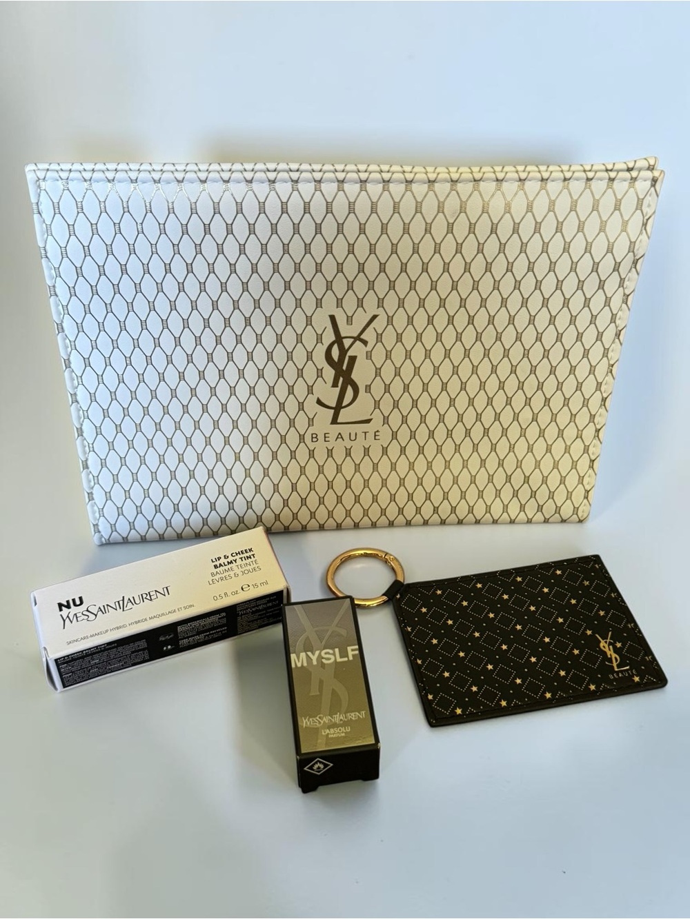 Yves Saint Laurent Beaute White Cosmetic Pouch with Accessories NEW